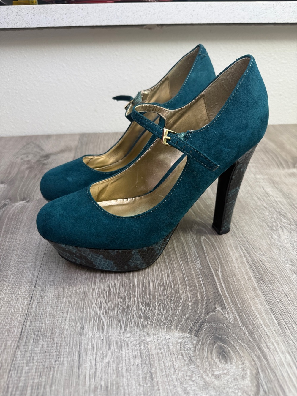 G by Guess Teal Suede T-Strap Platform Pumps